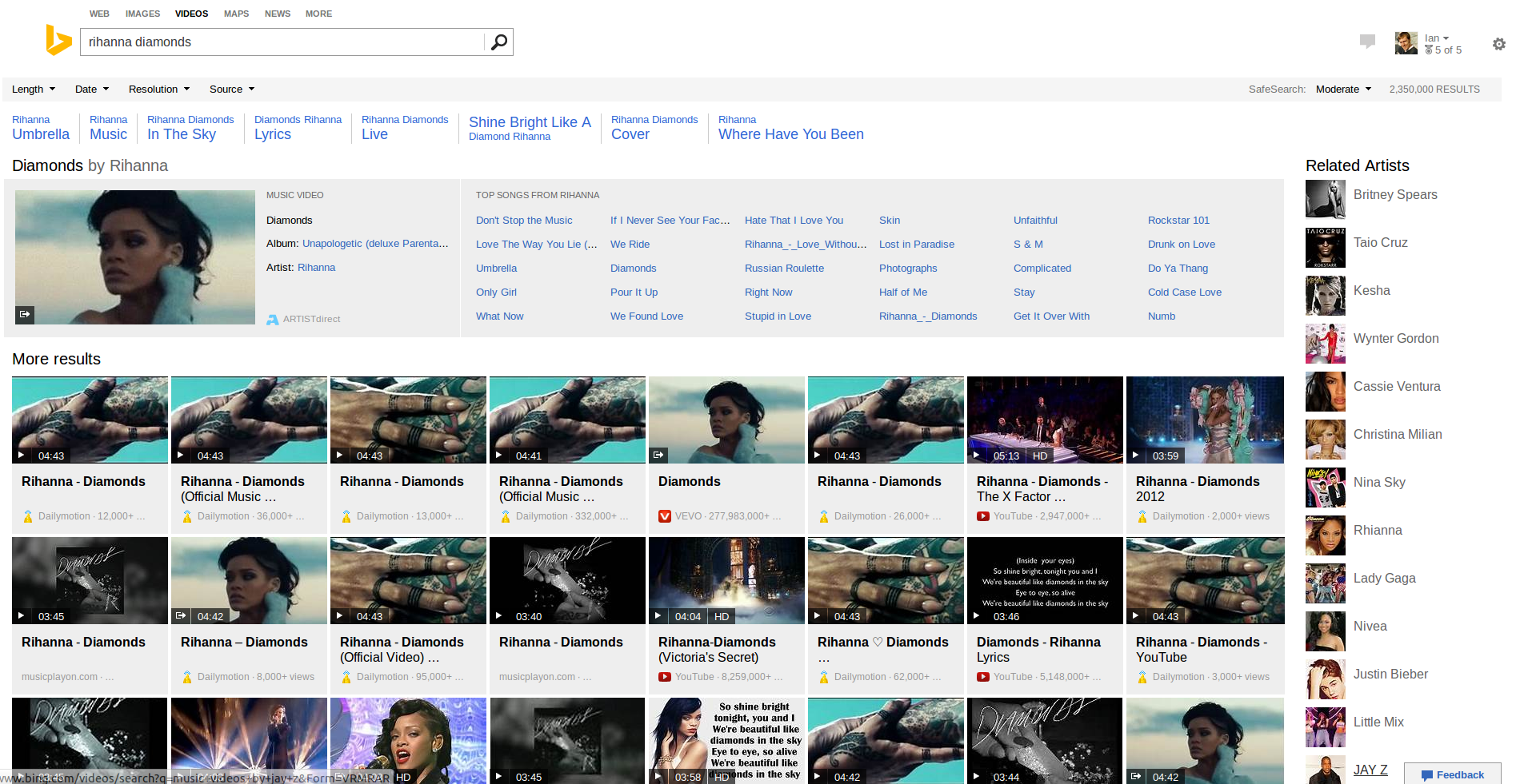 Giao diện tìm kiếm video của Bing trực quan hơn Google.